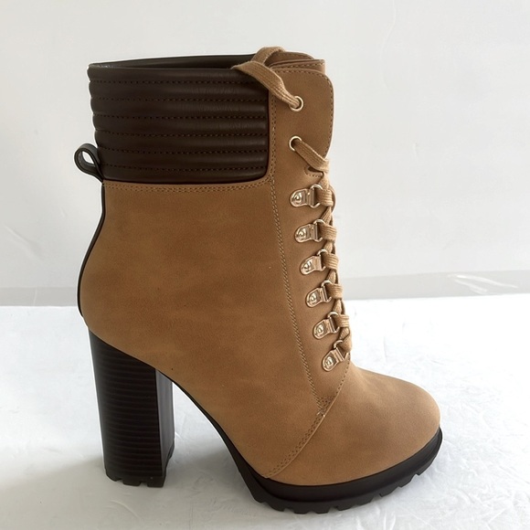 JUST FAB Shandee Tan Ankle Lace Up Block Heel Boots Chelsea Shoes Size 7 Wide - Picture 7 of 11